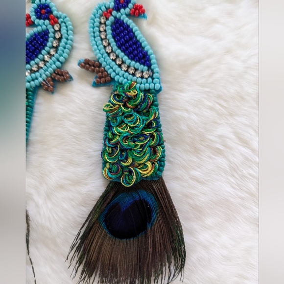 Peacock Beaded Feather Earrings - Picture 2 of 5